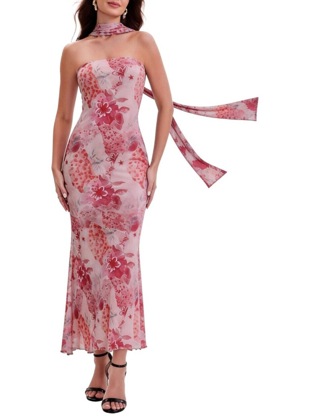 Women's Pink Floral Strapless Elastic Waist Side Pocket Wedding Maxi Dresses